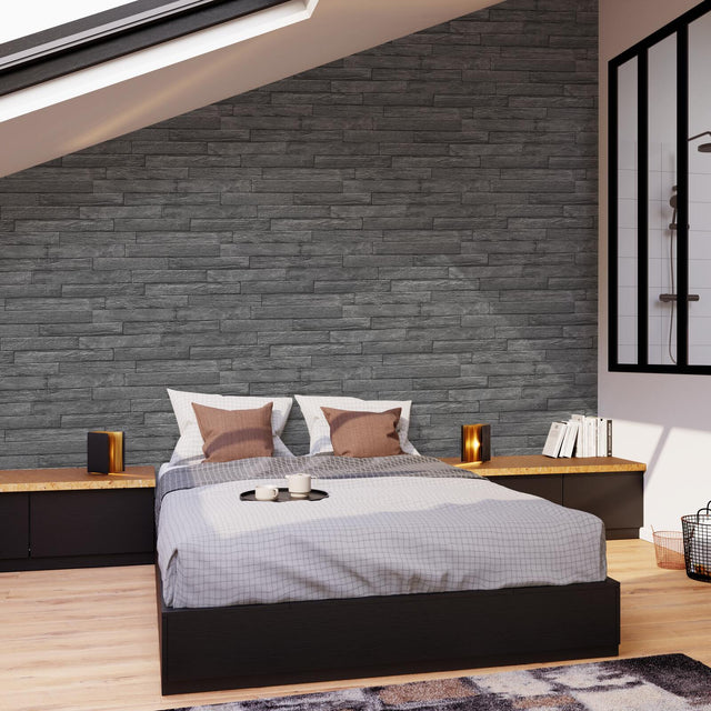 4MURS Papier peint intissé BURNT WOOD coloris Noir charbon