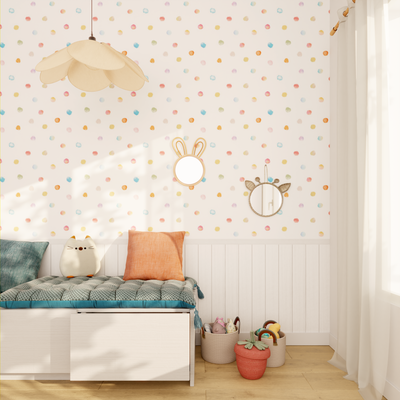 Papier peint panoramique L Confettis panel Blanc et pois multicolores Satiné