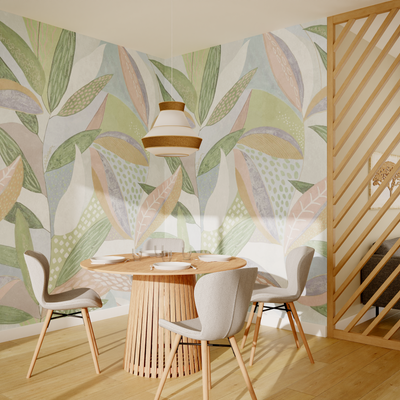 Papier peint panoramique XL Fiorella Vert et rose pastels Satiné