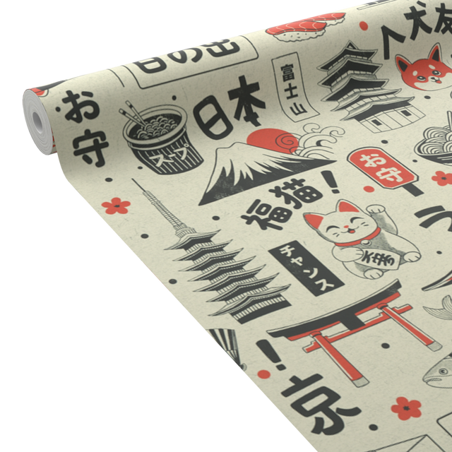 4MURS Papier peint intissé KAWAII noir et rouge orangé