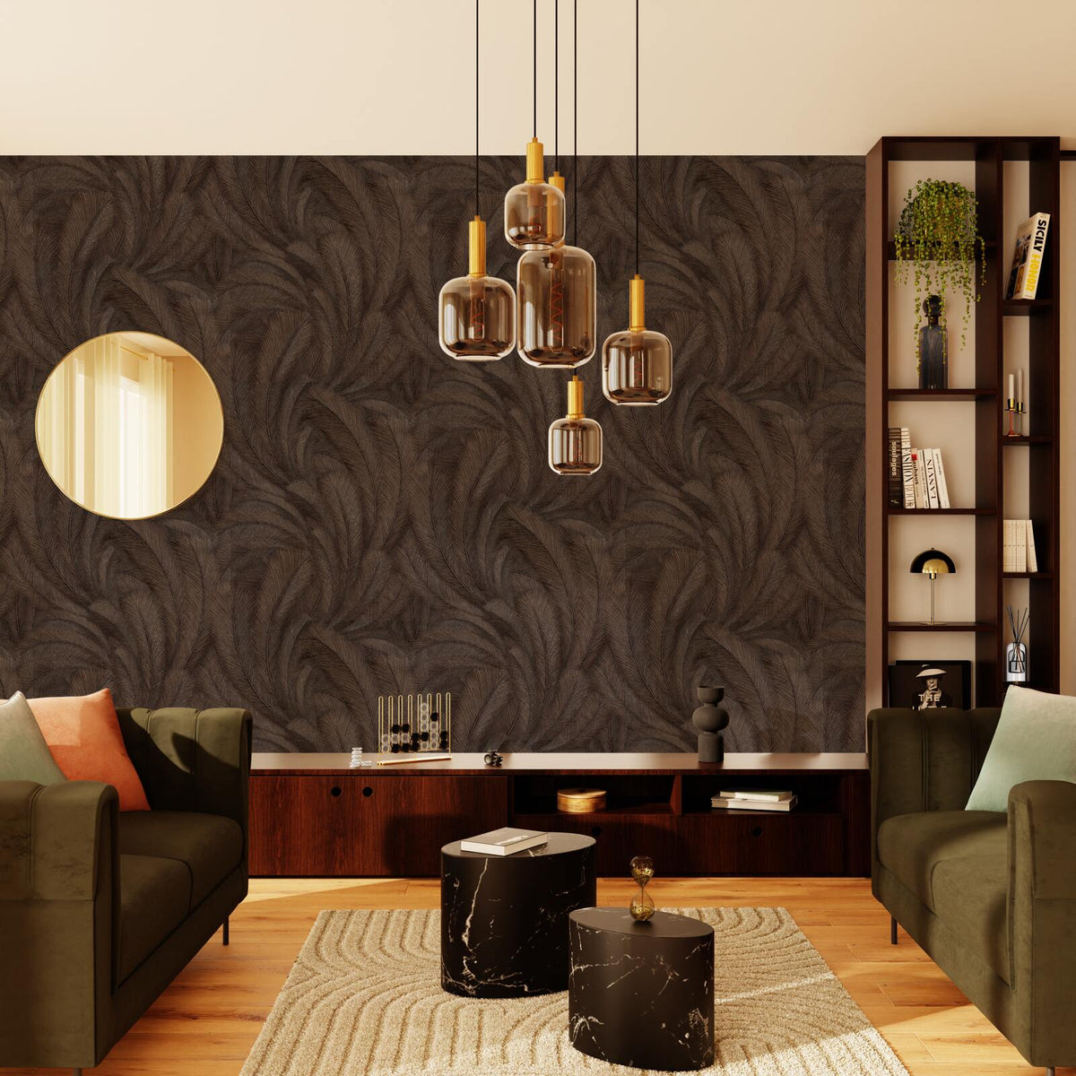 Papier peint intissé Feathers Noir et or