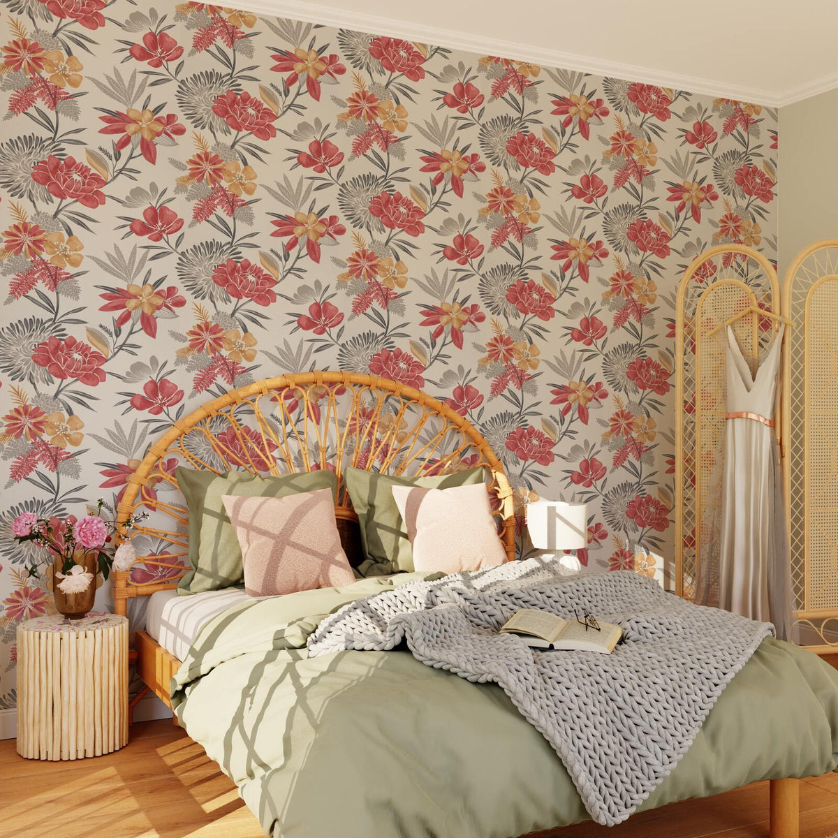 Papier peint intissé Cleome Blanc et rouge