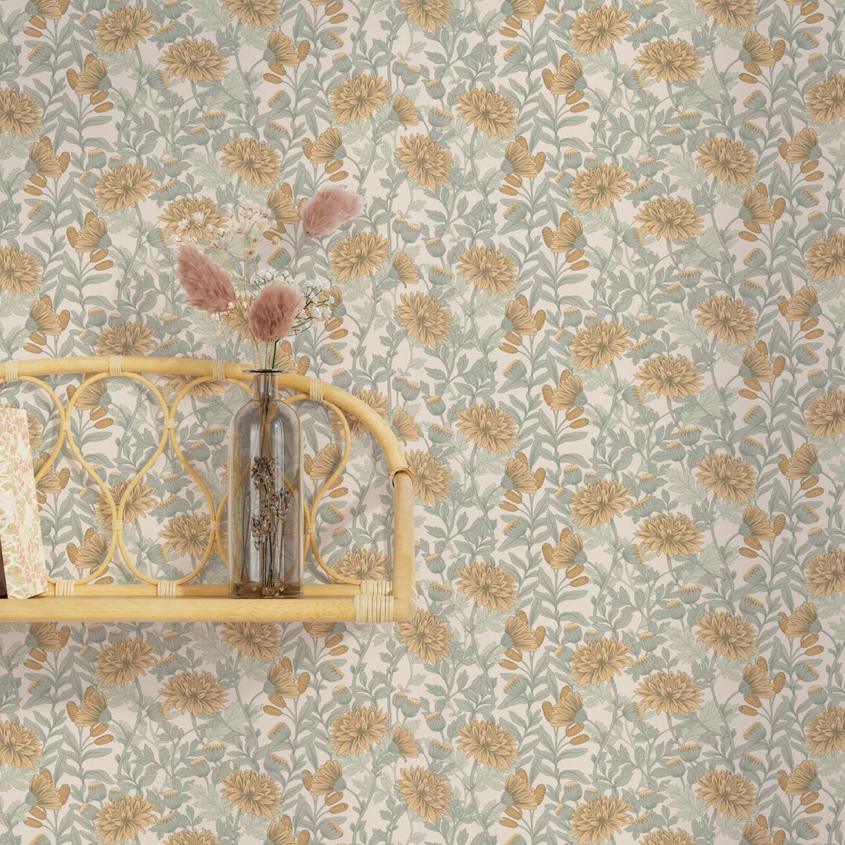 Papier peint intissé Dahlia Vert de gris et ocre