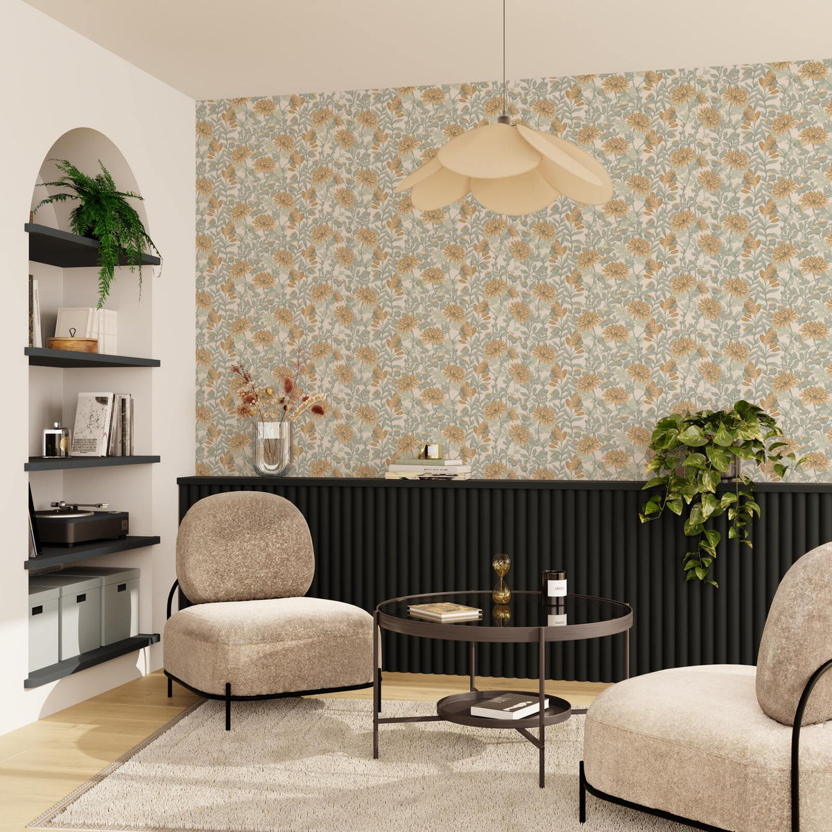 Papier peint intissé Dahlia Vert de gris et ocre