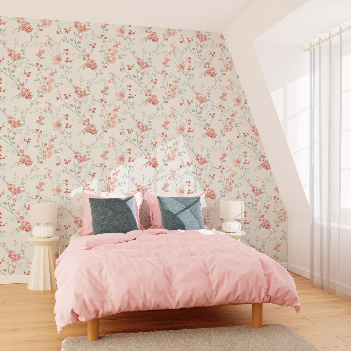 Papier peint intissé Emelie Rose et vert bleuté