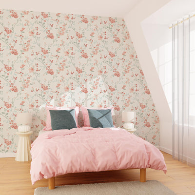 Papier peint intissé Emelie Rose et vert bleuté