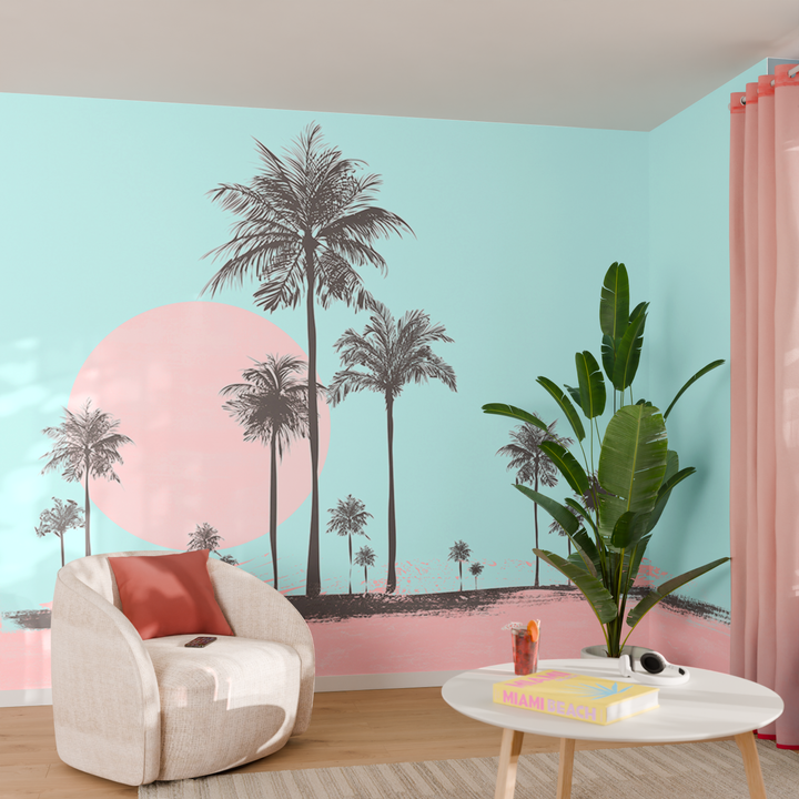 Papier peint panoramique XL Miami walk Bleu turquoise et rose poudré Brillant