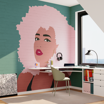 Papier peint panoramique XL Billie Vert bleuté et rose Brillant