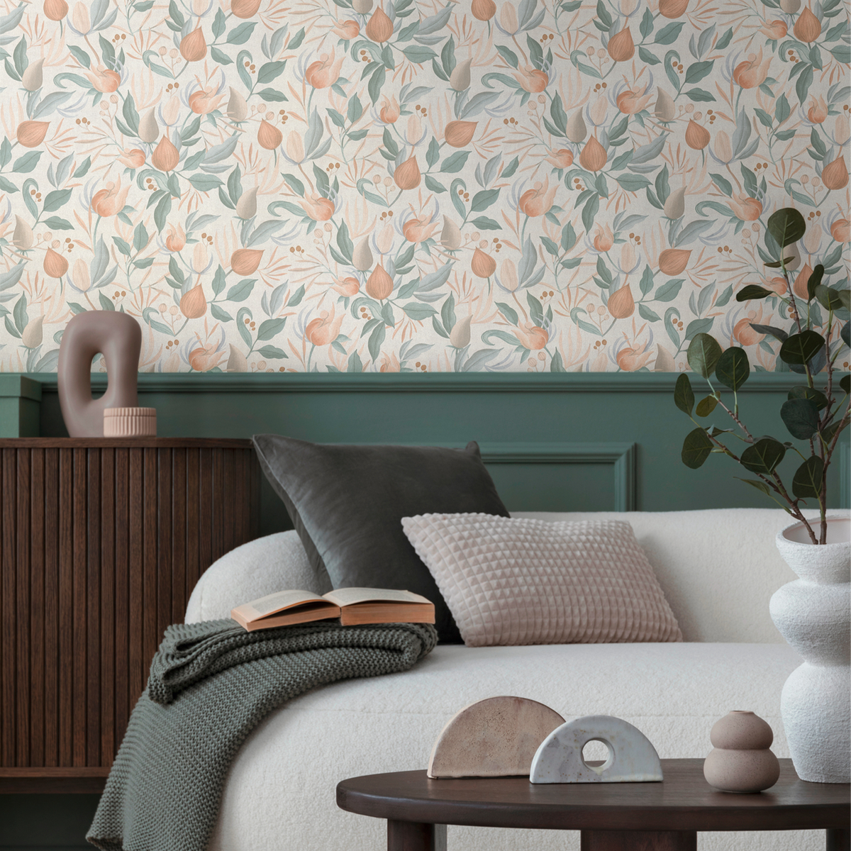 COSMOLIVING Papier peint intissé Still bloom Vert de gris et rose orangé Structuré