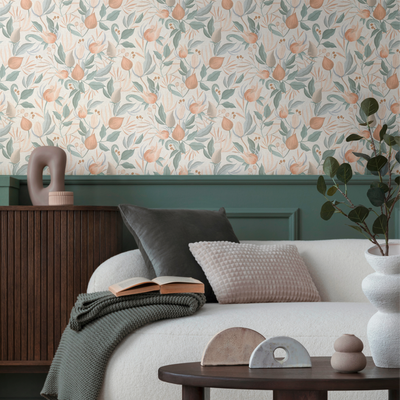 COSMOLIVING Papier peint intissé Still bloom Vert de gris et rose orangé Structuré