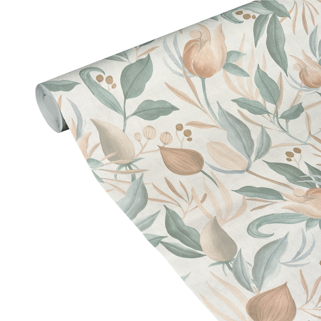 CosmoLiving Papier peint intissé STILL BLOOM vert de gris et rose orangé