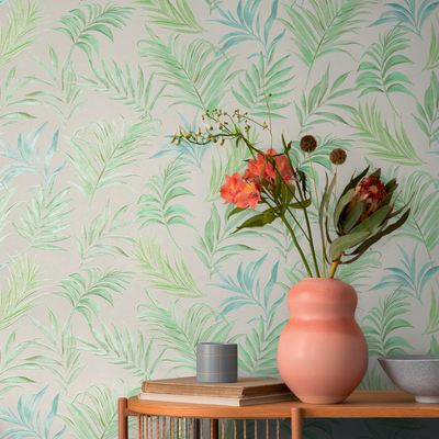 COSMOLIVING Papier peint intissé Midnight botanica Blanc et vert pistache Structuré