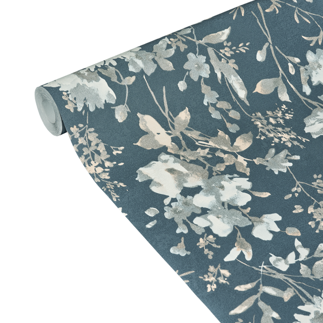 CosmoLiving Papier peint intissé PETAL POETRY bleu nuit et argenté