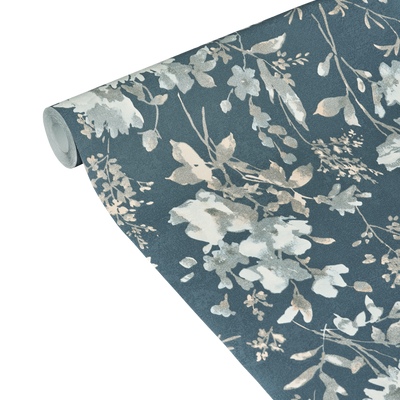 COSMOLIVING Papier peint intissé Petal poetry Bleu nuit et argenté