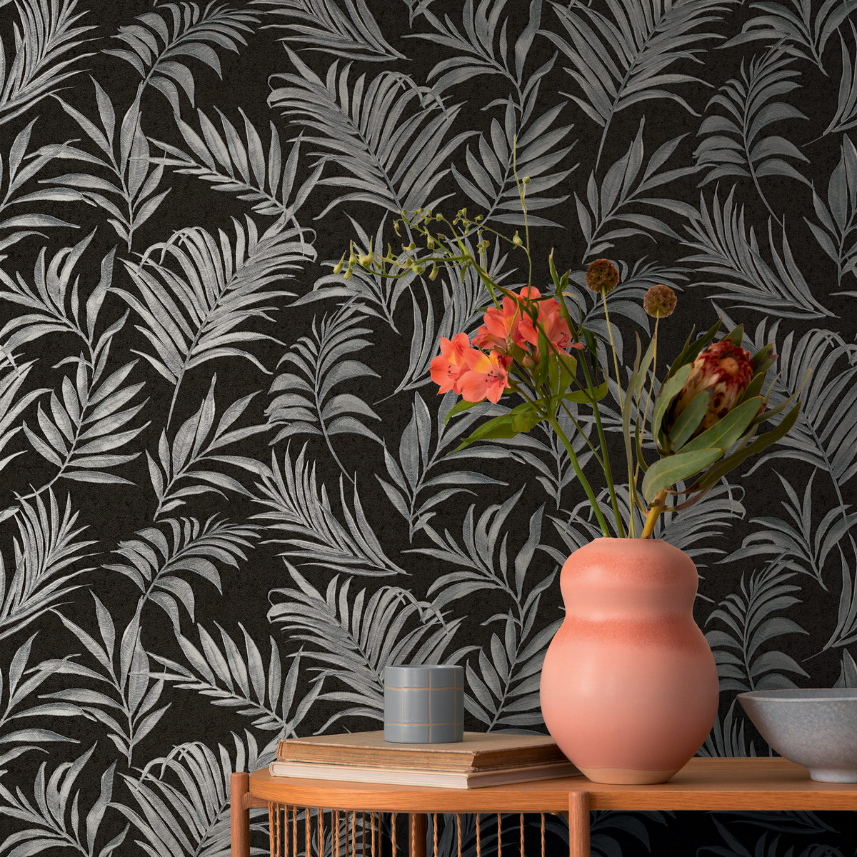 COSMOLIVING Papier peint intissé Midnight botanica Noir et argenté Structuré