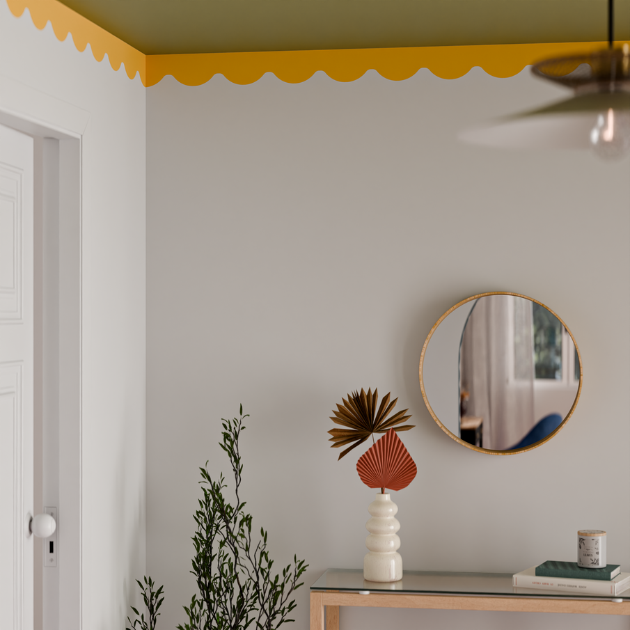 Frise ondulée jaune moutarde pour délimiter d'un plafond vert olive