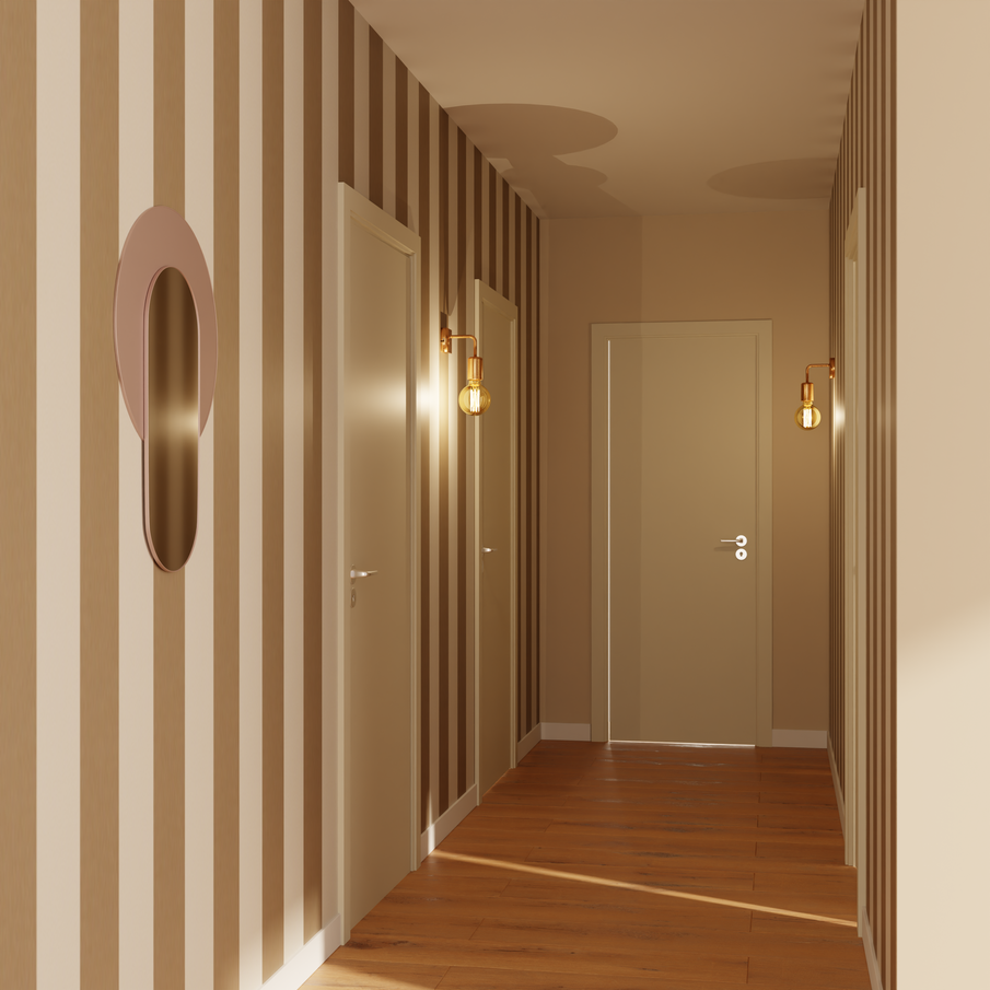 Couloir avec papier peint à rayures PODIUM STRIPE, couleurs terreuses