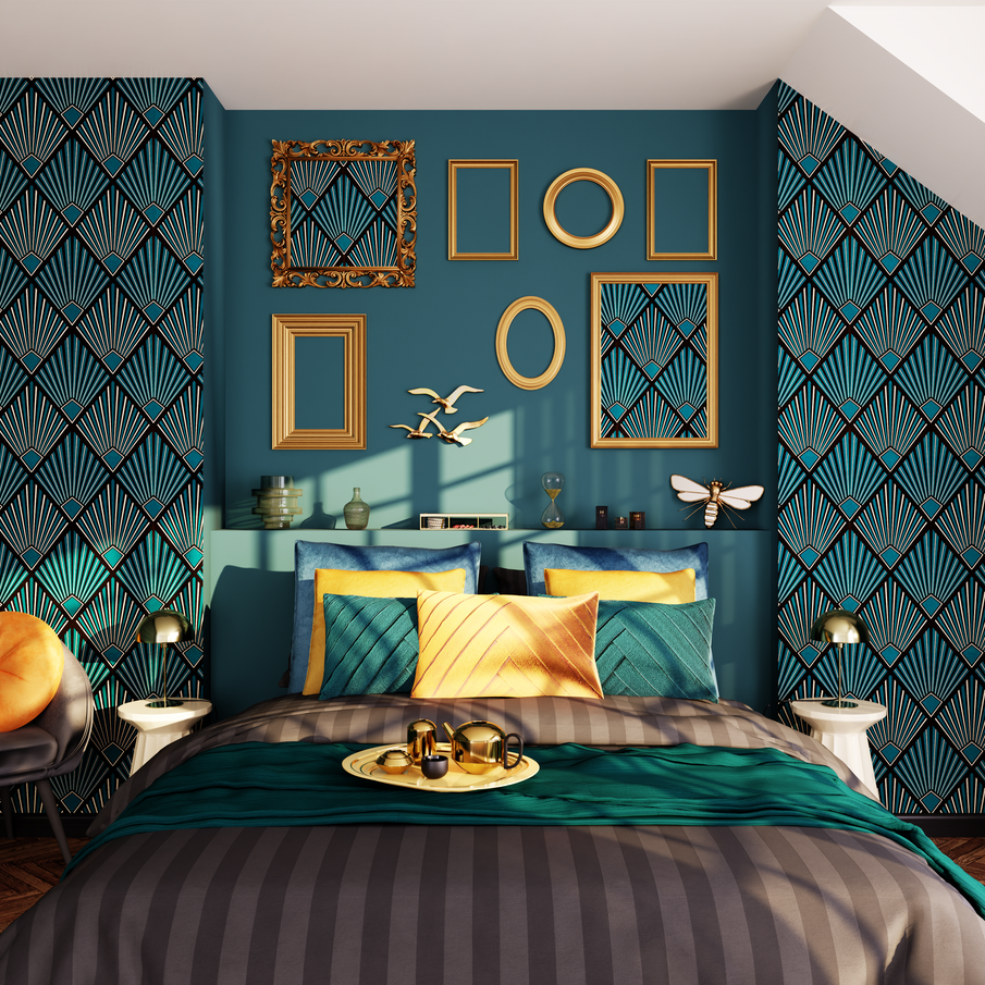 Papier peint bleu paon motif géométrique Art déco dans un décor de chambre chic
