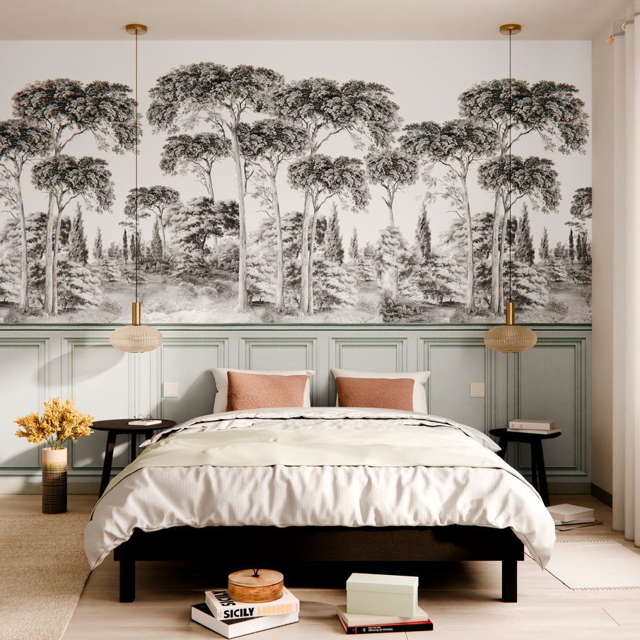 Papier peint panoramique motif arbre soubassement effet moulures vert de gris dans la chambre