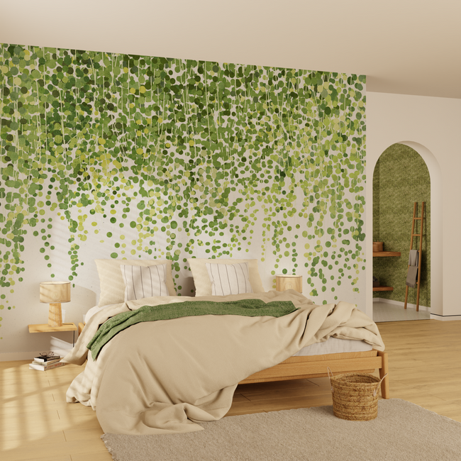 déco chambre au papier peint panoramique motif feuillages tombants