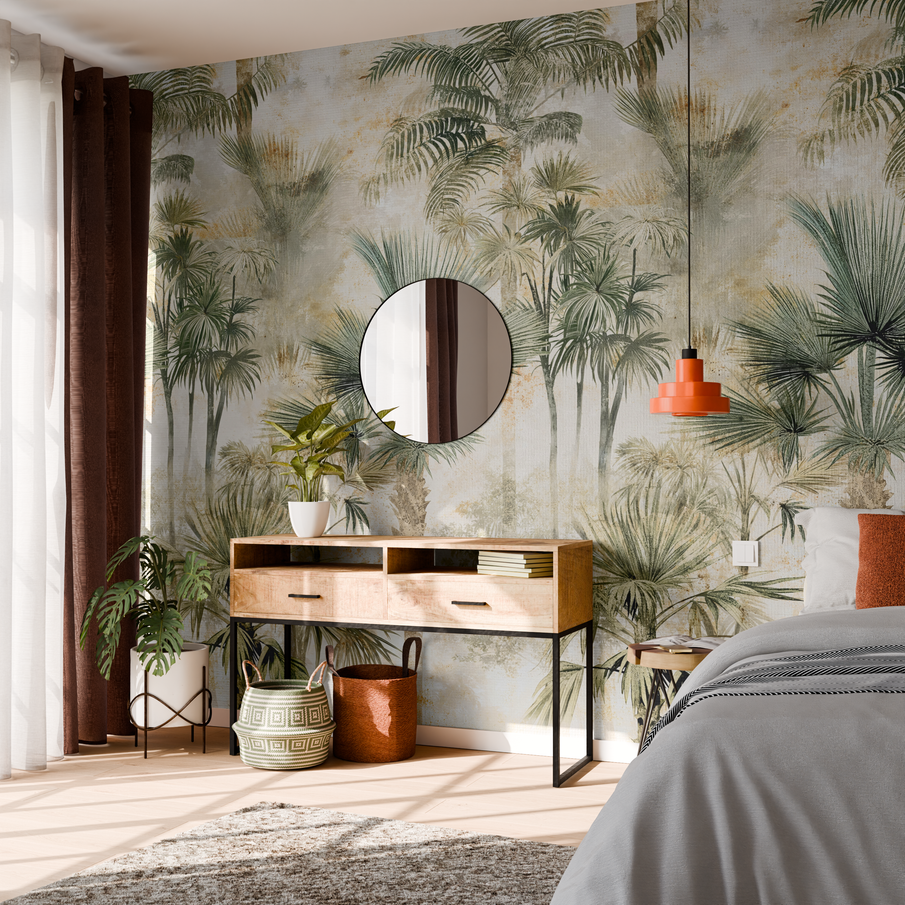 Déco chambre papier peint motif palmier jungle