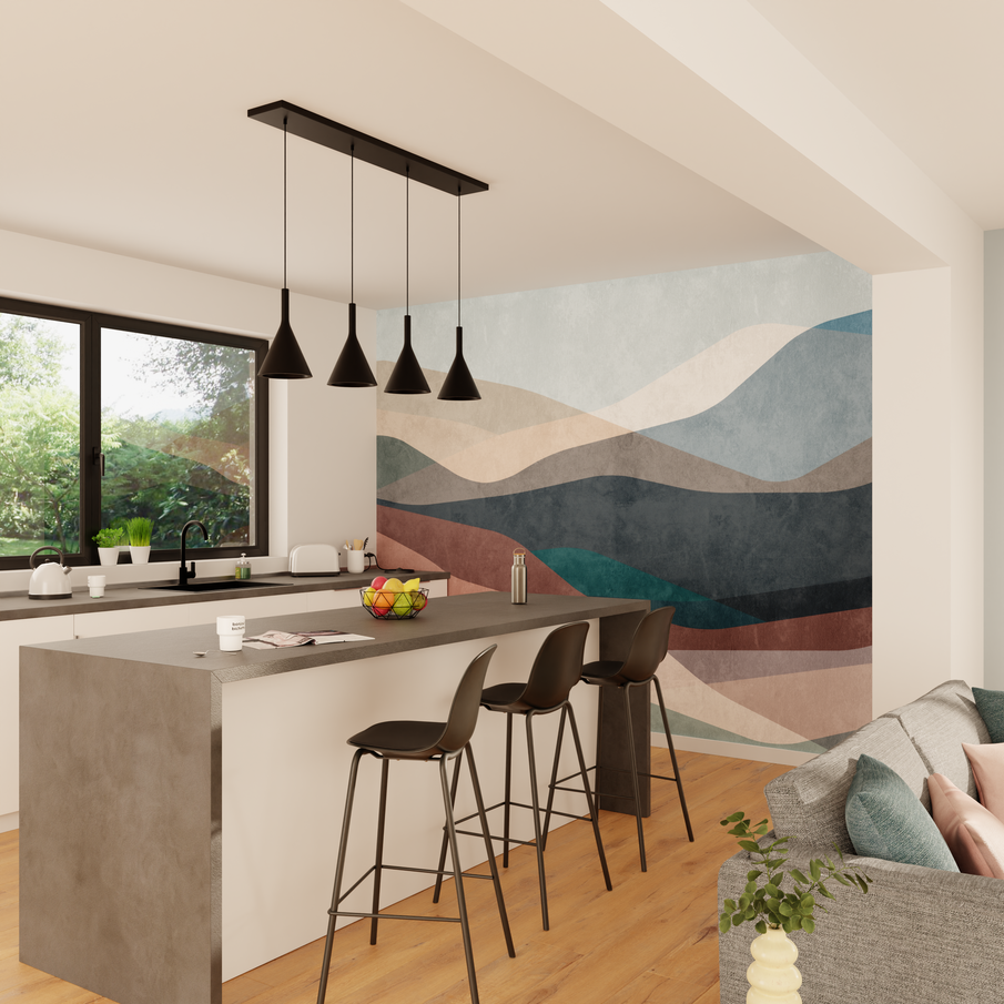 Cuisine ouverte avec îlot centrale et  papier peint coloré à motif abstrait