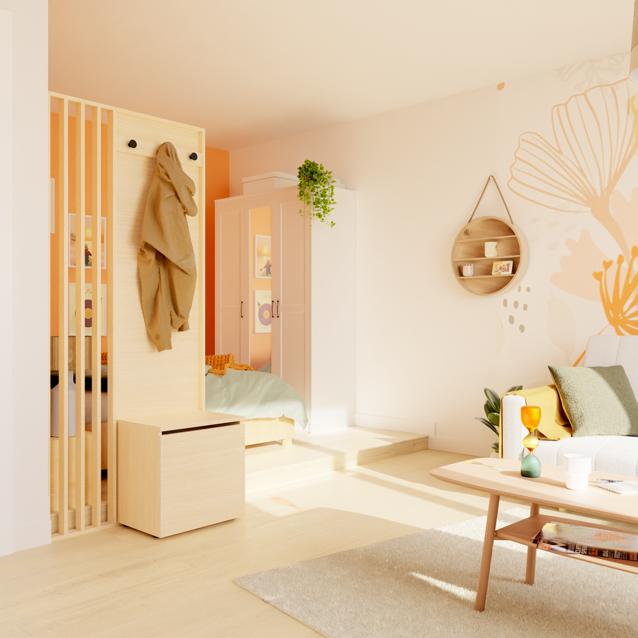 Salon lumineux aux couleurs claires, avec délimitation en bois du coin lit