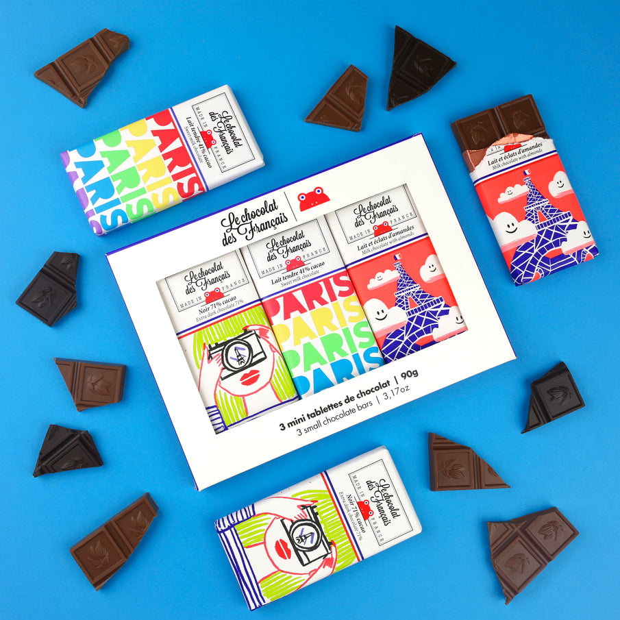 Coffret de trois petites tablettes de chocolat de la marque Chocolat des Français, collection Paris