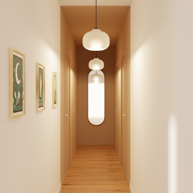 Couloir long et étroit aux couleurs muscade et blanche