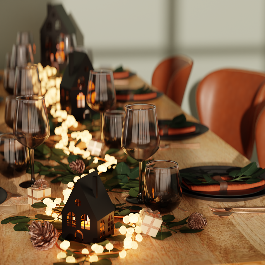 Table de fête style casual avec chemin de table en guirlande lumineuse