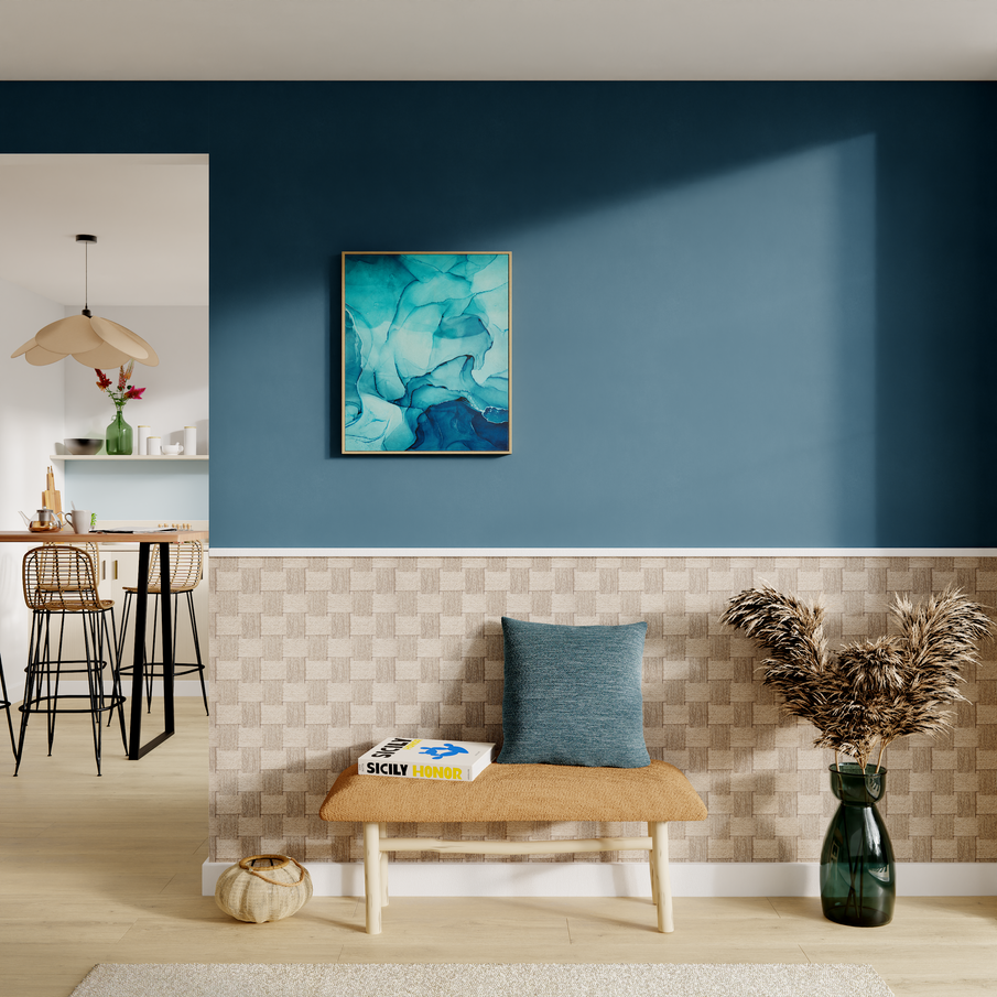 Soubassement papier peint imitation cordage dans l'entrée, déco bord de mer