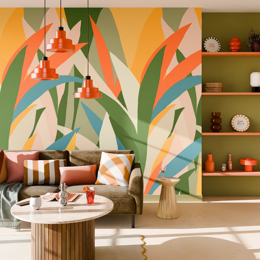 Papier peint à motif végétal coloré dans un salon en vert olive