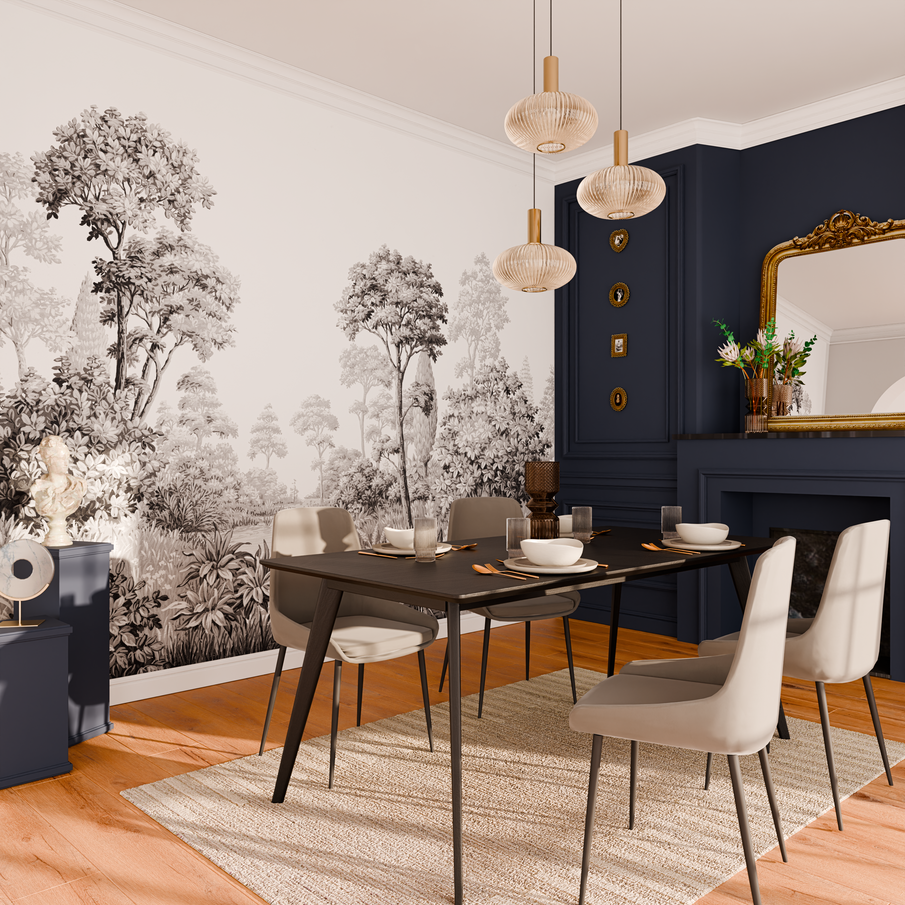 Déco salle à manger chic, papier peint panoramique paysage arbres noir et blanc