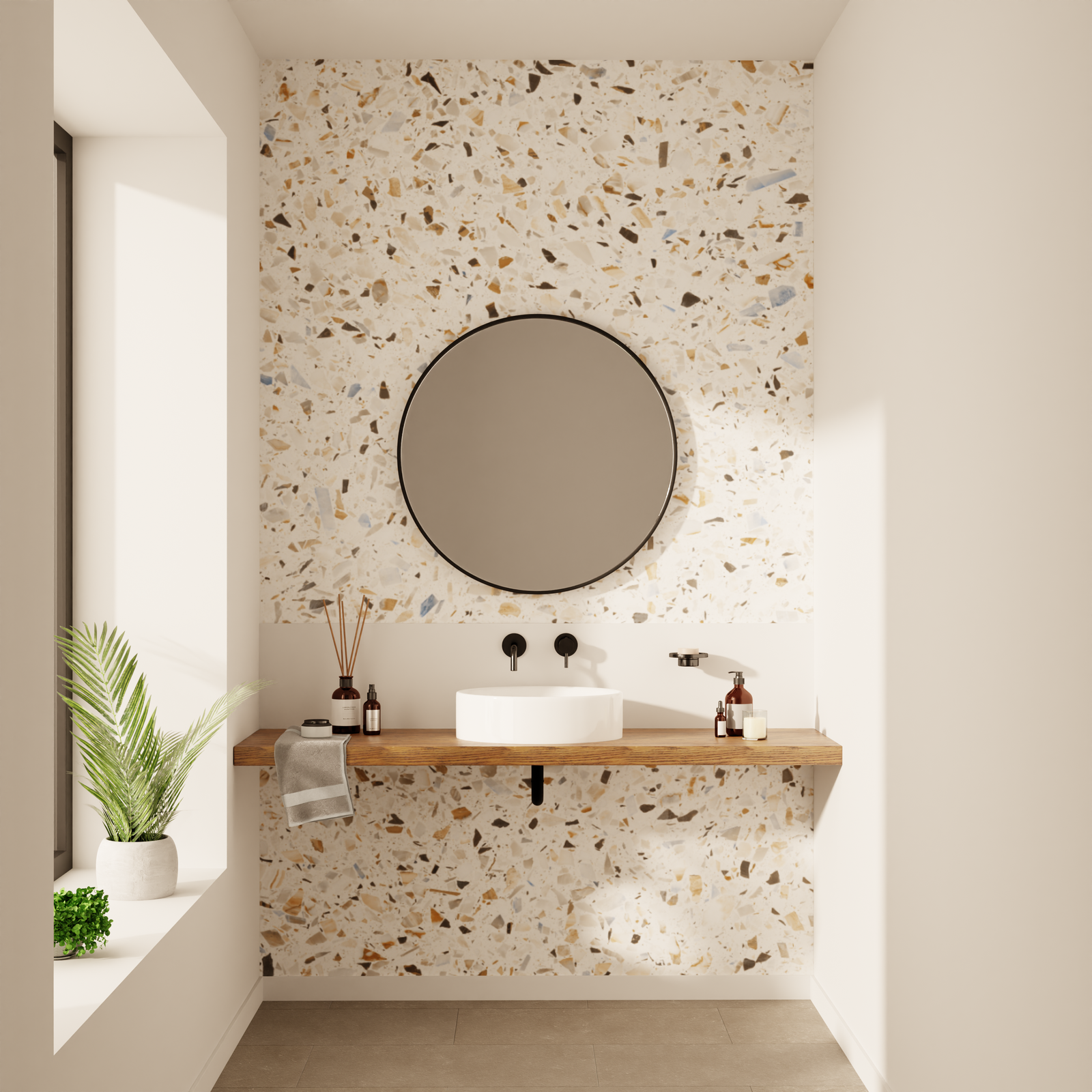 Salle de bain style industriel avec papier peint effet terrazzo