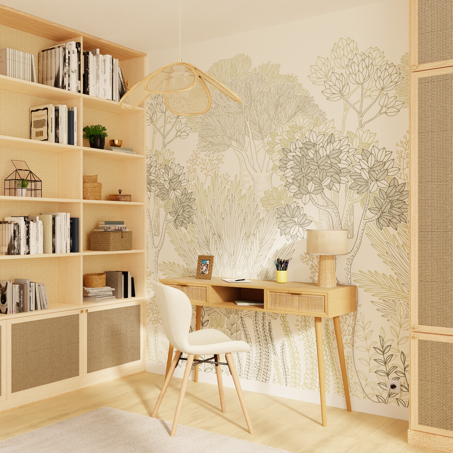 Papier peint panoramique d'arbres dans bureau en bois clair