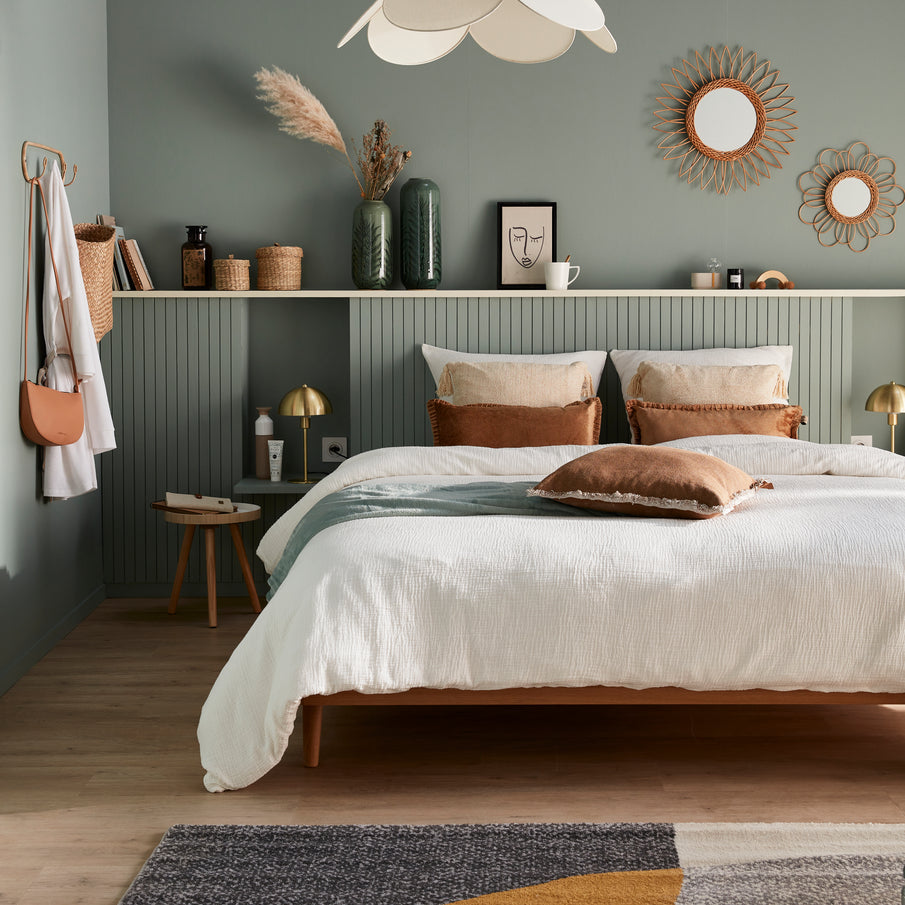 Ambiance chambre à coucher tons vert et beige