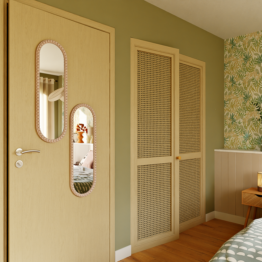 Décorer une porte de chambre avec des miroirs ovales au cadre perlé rose