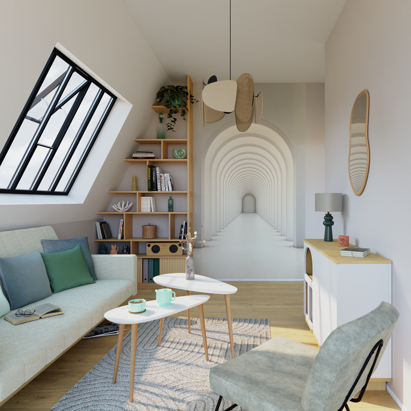 Papier peint en trompe-l'œil de couloir d'arches blanches dans un salon étroit