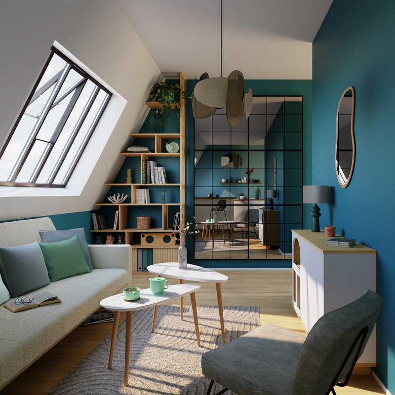 Salon aux mur blanc et bleu paon avec grand miroir industriel sur mur du fond