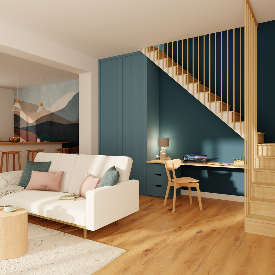 Coin bureau aménagé dans un salon, sous une montée d'escalier