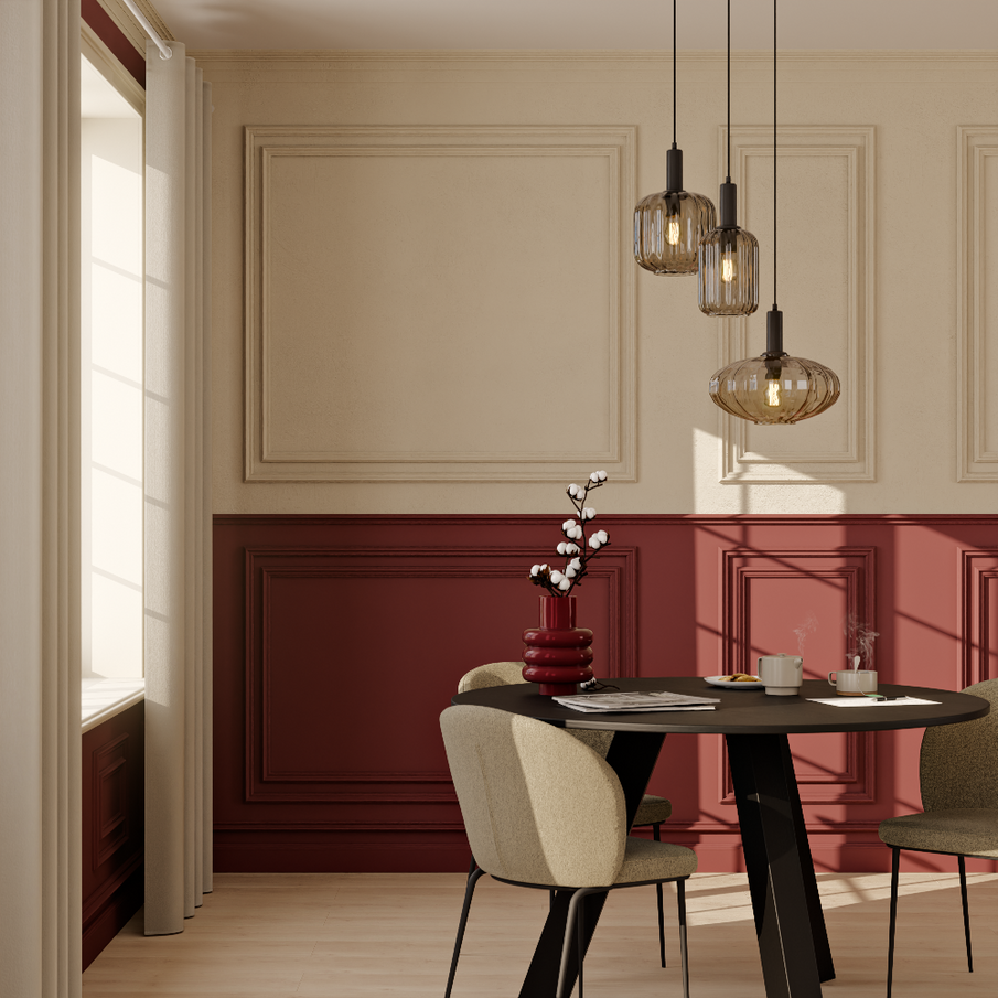 Déco salon rouge bordeaux et beige, style Haussmannien, moulures