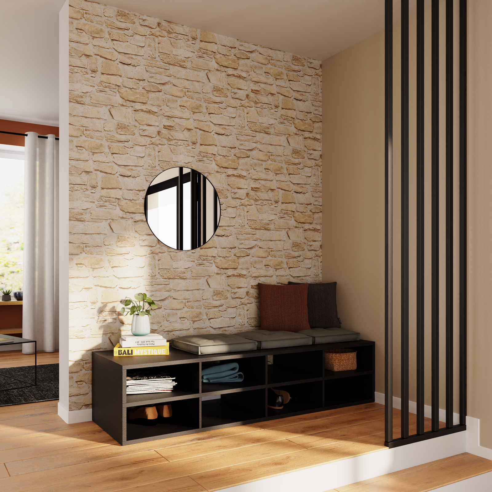 Entrée avec papier peint beige effet pierre et une banquette noire