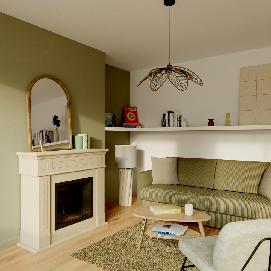 Salon classique avec papier peint vert sauge et canapé vert