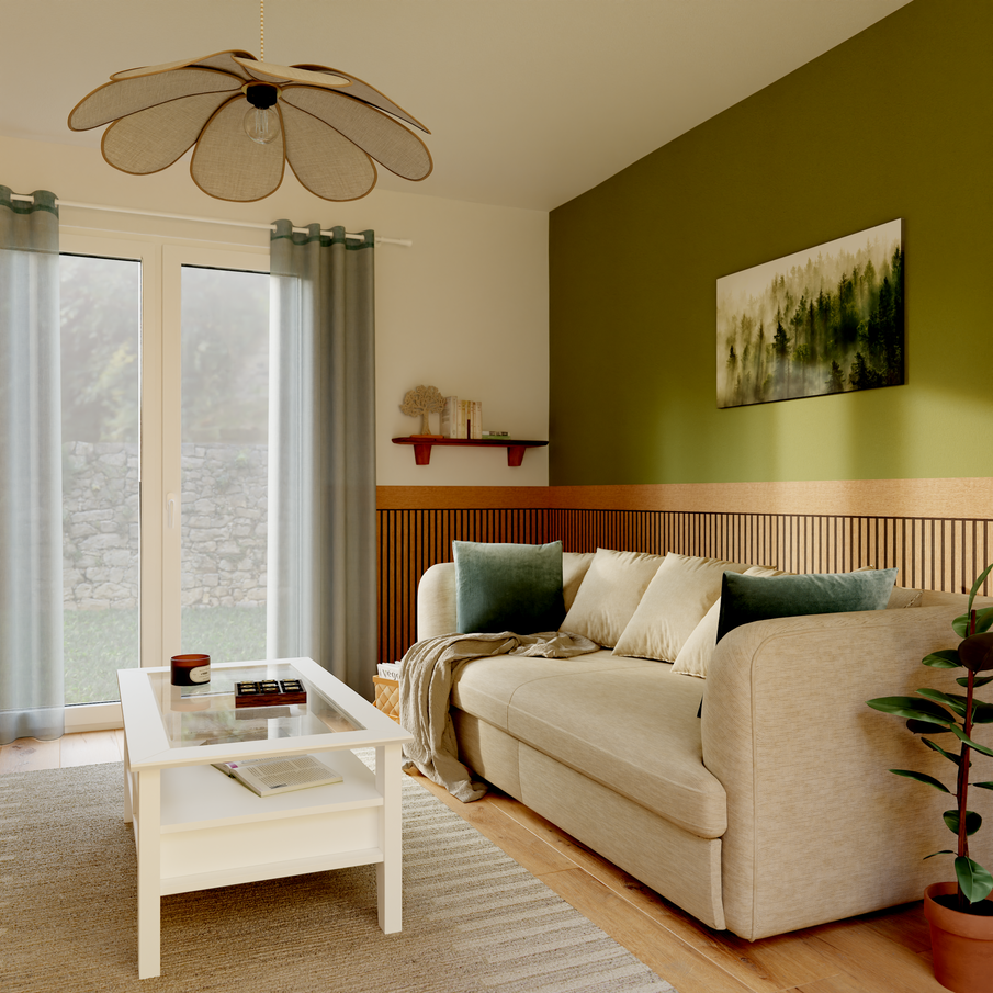 Soubassement papier peint imitation tasseaux de bois dans le salon, couleur vert sauge