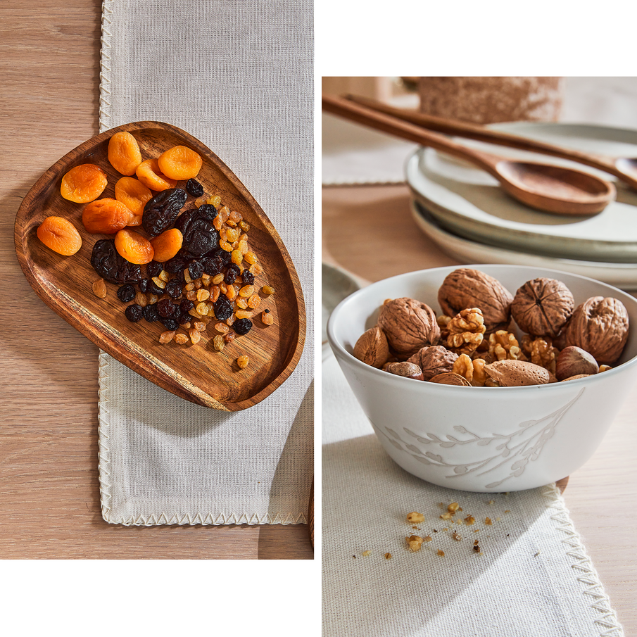 Montage : plateau en bois rempli de fruits secs et bol blanc rempli de noix