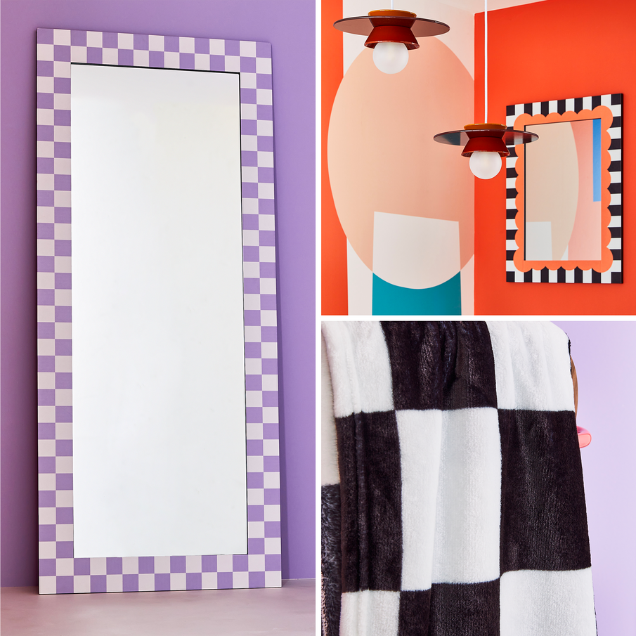 Montage : miroirs à motif damier blanc-mauve et blanc-noir, plaid damier noir et blanc