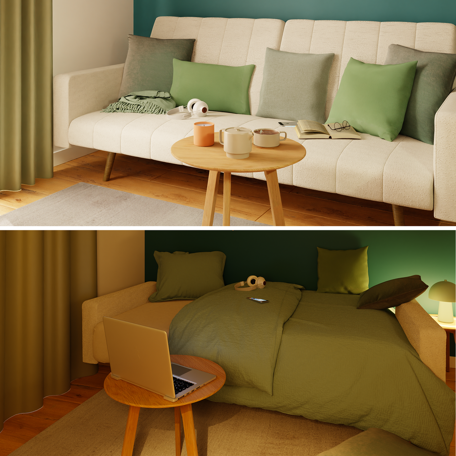 Montage photos d'un canapé convertible : replié de jour et déplié en lit pour la nuit