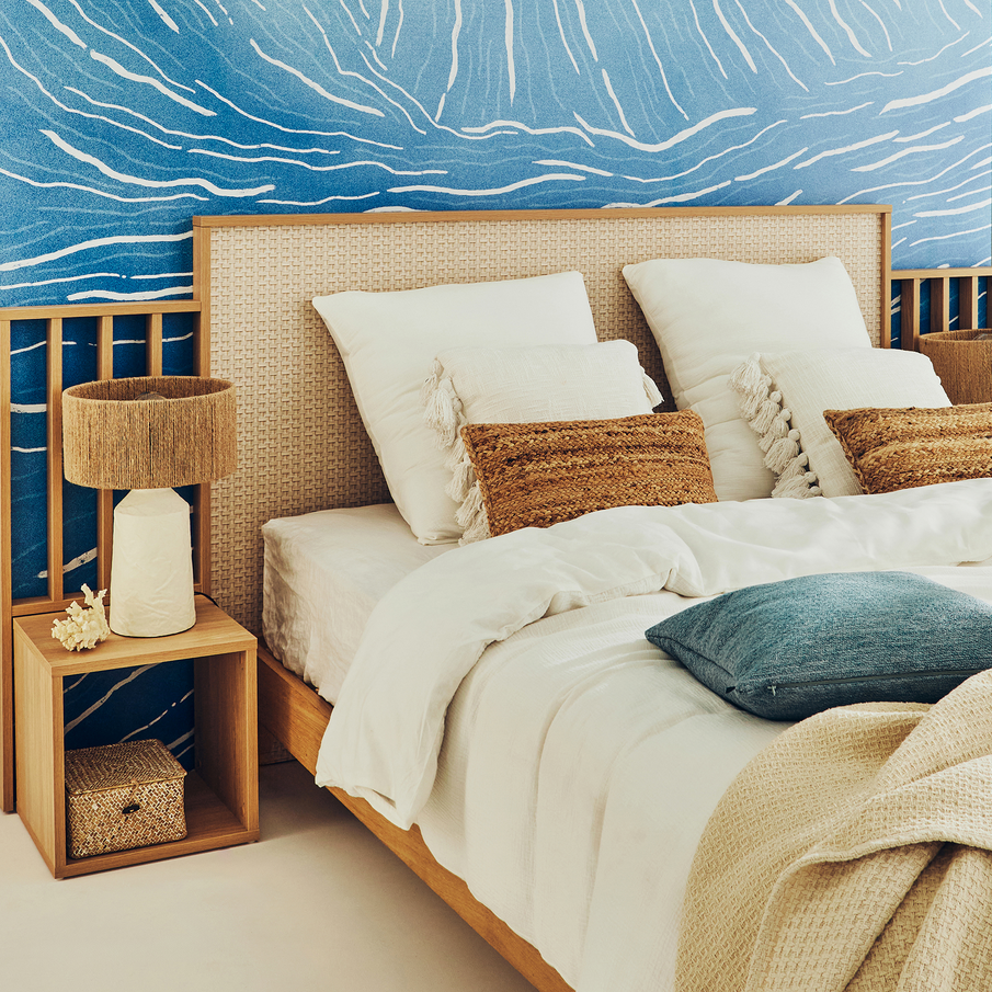 Déco chambre bord de mer, matières naturelles, tons bleu, blanc, beige