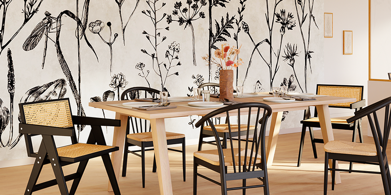 Déco salle à manger nature, papier peint herbier grands végétaux