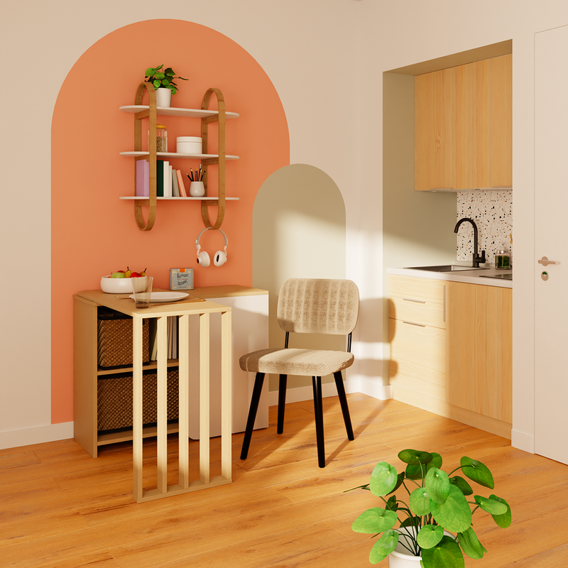 Coin repas avec peintures arches oranges et vertes